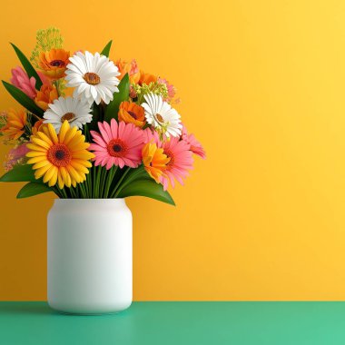 beautiful flowers in vase on orange background.