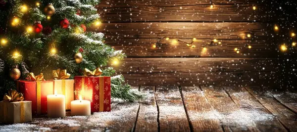 Χριστουγεννιάτικο Δέντρο Δώρα Και Διακοσμήσεις Ξύλινο Φόντο Xmas Ευχετήρια Κάρτα — Φωτογραφία Αρχείου