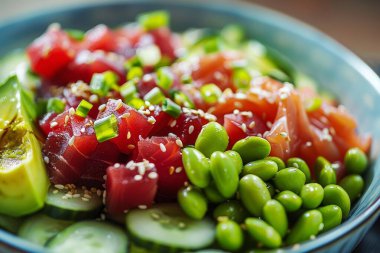 Avokado, domates, salatalık, salatalık, susam tohumu ve susam yağlı beyaz bir tabakta taze ton balığı salatası. sağlıklı beslenme, diyet ve detoks