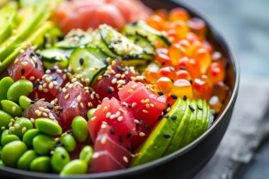 avokado, kırmızı bezelye, domates, avokado, avakado, susam tohumu, salatalık, avokado, susam tohumlu sağlıklı yeşil sebze salatası. sağlıklı beslenme