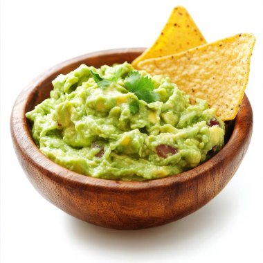 Beyaz ahşap masada bir kase guacamole ve nachos.