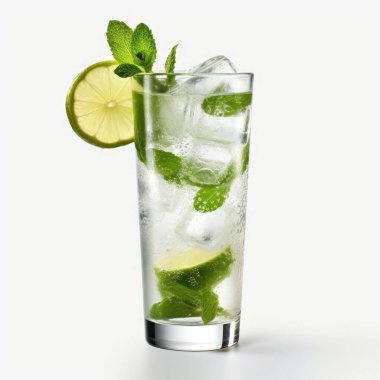 Limonlu mojito kokteyli ve beyaza izole edilmiş nane.