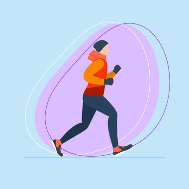 Kış sporlarında hafif arka planda koşan bir kişinin minimalist vektör çizimi. Dinamik soyut şekiller ve temiz tasarım içerir. Fitness, sağlık ve etkinlik temaları için mükemmel.