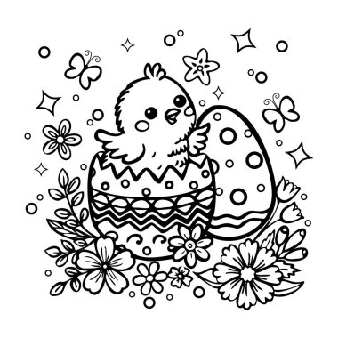 Süslü yumurtadan çıkan sevimli bir civciv içeren siyah-beyaz Paskalya vektör çizimi..