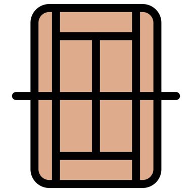 Bu resim, tenis kortunun düz bir simgesini içeriyor, koyu siyah çizgiler ve sporla ilgili uygulamalar için uygun nötr renk dolgusu ile mahkeme düzeninin yukarıdan aşağı görünümünü gösteriyor.