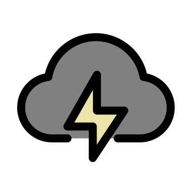 Stylize edilmiş bir ikon, fırtınalı hava koşullarını temsil eden cesur bir yıldırımla gri bir bulut tasvir eder..