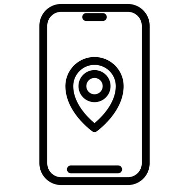 Bu simge, mobil aygıtlar üzerindeki navigasyon ve konum tabanlı hizmetleri sembolize eden, bir konum şifresini gösteren bir akıllı telefonu gösterir.