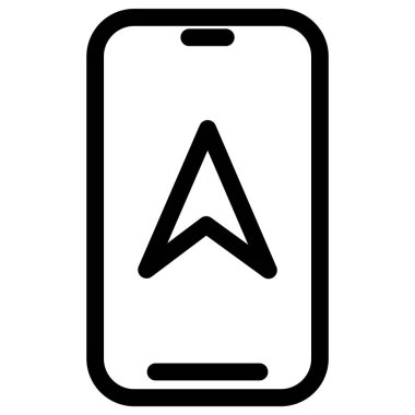 Basit bir siyah-beyaz simgesi, yukarı bakan bir navigasyon okunu gösteren bir akıllı telefonu tasvir eder, mobil bir uygulama içinde yön ve rehberlik önerir.