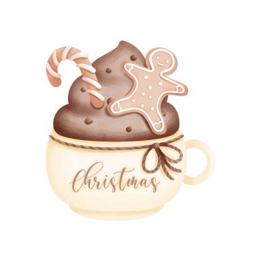 Christmas mug watercolor featuring festive chocolate art, ideal for holiday-themed projects, seasonal decor, or winter beverage illustrations. clipart