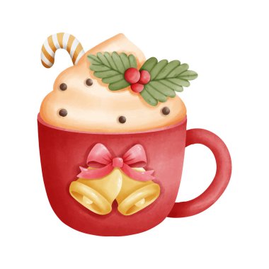 Christmas mug watercolor featuring festive chocolate art, ideal for holiday-themed projects, seasonal decor, or winter beverage illustrations. clipart