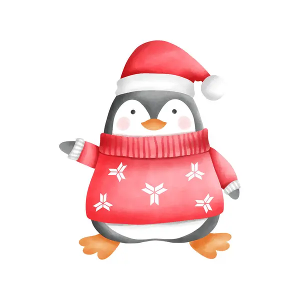 Penguen suluboya Noel sanatı. Festivalsel bir penguen tasarımı. Tatil temalı dekorasyon, mevsimlik çizimler ve yaratıcı kış projeleri için ideal..