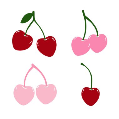 Sevimli Cherry Set. Sevgililer Günü için Şirin Kirazlar, Cherry Clipart