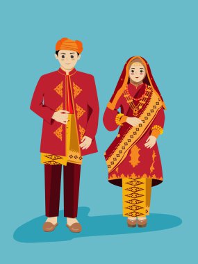 Endonezya sumatera adası tesettürlü geleneksel düğün çifti