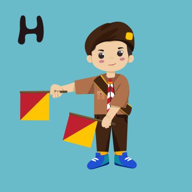 Pramuka boy sandi morse semaphore H a kid student vector illustration, cartoon icon element. clipart