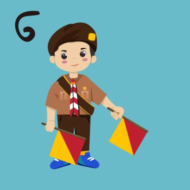 Pramuka boy sandi morse semaphore G a kid student cute boy cartoon character clipart