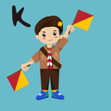 Pramuka boy sandi morse semaphore K a kid student vector illustration, flat with element. clipart