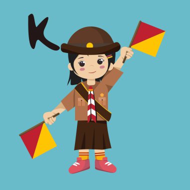 Pramuka GIRL sandi morse semaphore K a kid student  cute cartoon little boy holding flag clipart