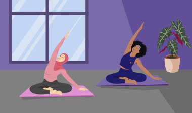 Hijabi Kız ve Kıvırcık Saçlı Kadın Yoga Yanlı Gevşeme Pozu (Parivrtta Sukhasana)