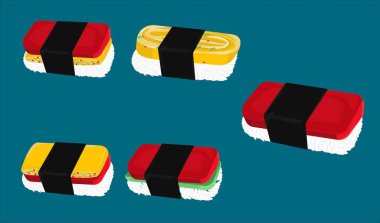 Nori, Meat, Tamagoyaki ve Susame ile elle şekillendirilmiş suşi.