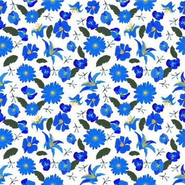 Aydınlık Bahar Çiçeği Titreşimli Kusursuz Mavi Çiçek Deseni