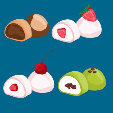 Çilek, kiraz, çikolata ve kiraz aromalı Mochi dondurması.