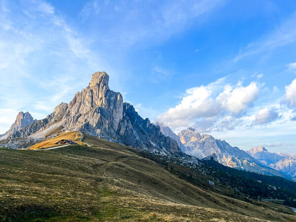 Dramatic Dolomites Rock FormationImpressive rocky peak in the Dolomite Alps under a clear blue sky, showcasures power.