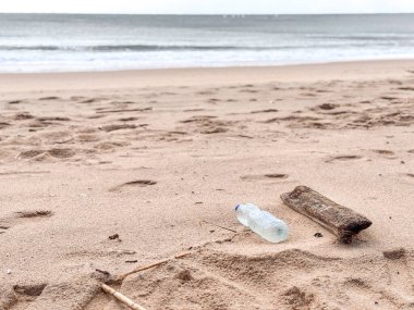 Plastik şişe ve dağınık çöp güçlü bir fırtınadan sonra kumlu bir plajda yatıyor.