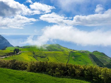Turkuaz su, yeşil yamaçlar ve Azores 'teki açık gökyüzü ile Lagoa do Fogo' nun göz kamaştırıcı panoramik görüntüsü.