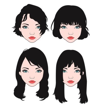 Kadın saç stilleri için dört vektörün resmi. EPS dosyası Adobe Illustrator sürüm 8 'de saklanır.