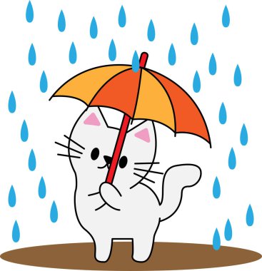 Yağmurlu bir günde şemsiye tutan bir kedinin vektör çizimi. EPS dosyası Adobe Illustrator sürüm 8 'de kaydedildi.