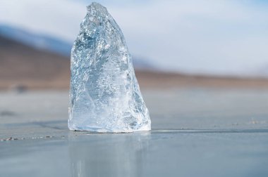 A piece of transparent sparkling ice . Transparent blue natural ice on a lake. Copy space. clipart