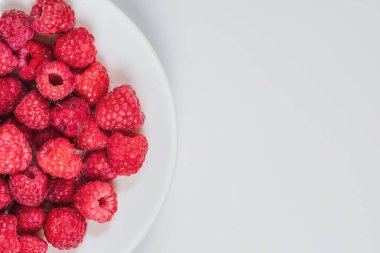 Beyaz bir tabakta olgun sulu ahududular. Metin için boşluk