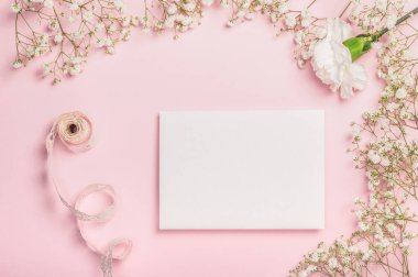 Boş antetli düz kompozisyon, çingene ve pembe arka planda beyaz karanfil.