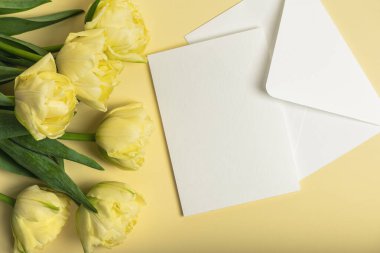 Sarı arka planda bir buket sarı lale ve içinde boş kart olan beyaz bir zarf. Kadınlar Günü 'nü, Anneler Günü' nü, doğum gününü kutluyoruz. Dilek başarısı.