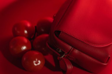 Kırmızı arka planda kırmızı çapraz ceset torbası ve domateslerin soyut görüntüsü. Seçici odak.