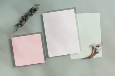 Düğün davetiyesinin bir kopyası, tebrik kartı. Açık yeşil zarf ve boş beyaz okaliptüs dallı pembe kart..