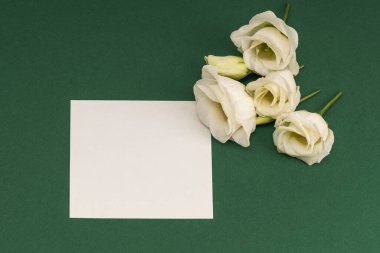 Yeşil arka planda boş kart ve Eustoma çiçekleri. Davetiye mi yoksa tebrikler mi?.