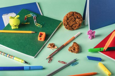 Not defterleri, kalemler, bir keskinleştirici ve yeşil arka planda diğer okul kağıtları. İş yerinin organizasyonu. Seçici odak.