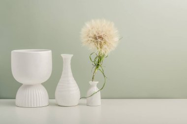 Üç seramik vazo ve beyaz bir masada zeytin duvarına karşı büyük bir karahindiba..