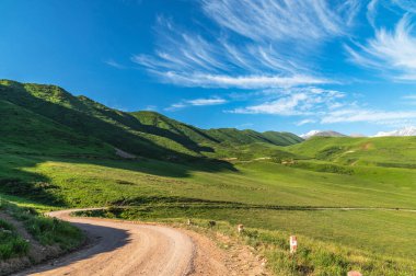 Yeşil bir dağ geçidinde toprak dağ yolu. Kırgızistan 'ın Doğası.