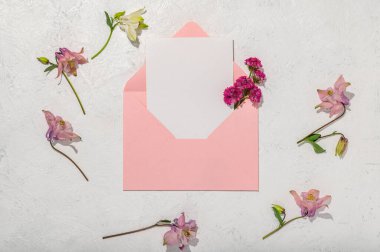 Üzerinde pembe bir buket armerya ve beyaz bir zemin üzerinde aquilegia çiçekleri olan pembe bir zarf. Tebrik kartı düzeni.