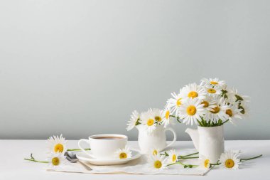 Sabah kahvesi ve beyaz papatyalı seramik sürahiler. Yaz havası. Tebrik kartı, boşluğu kopyala.