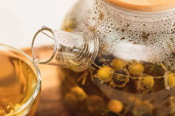 Çaydanlıkta taze demlenmiş papatya çiçeği çayı, bir fincan çiçek çayı. Seçici odaklanma. Organik doğal tıp..