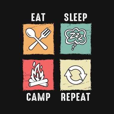Uyku kampı tekrarı - tişört, vahşi, tipografi, dağ vektörü - doğa severler için kamp ve macera tişörtü tasarımı