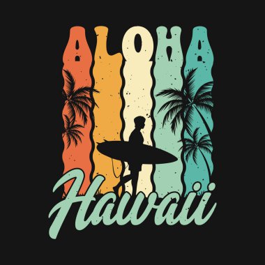 Retro Vintage Aloha Hawaii Vector tişörtü ve erkek sörfçü ve Palm Trees posterleri.
