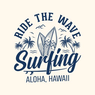 Dalgalarda sörf yapmak Aloha, Hawaii Yaz Sahil Tişörtü tasarımı, vektör grafik