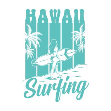 Retro Vintage Hawaii Sörf Vector tişörtü ve kadın sörfçü ve Palm Trees posterleri.