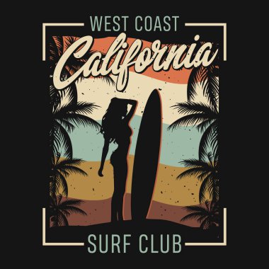Batı Kıyısı Kaliforniya Sörf Kulübü - Retro Tropikal Vektör Tişörtü veya poster Tasarımı