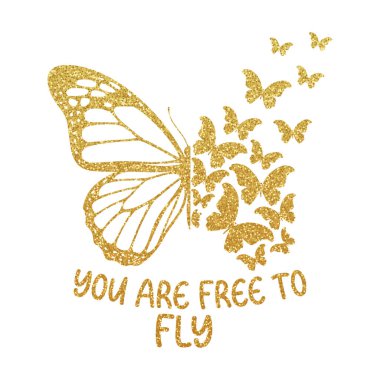 Altın parıltılı kelebek vektör sanatı. Beyaz arka planda uçmakta özgürsünüz. Gömlek tasarımında.