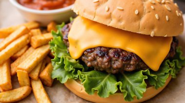 Bu yemek, erimiş peynir ve taze marulla dolu sulu bir çizburger, yanında da kızarmış patates ve yanında da baharatlı sos, öğle yemeği için mükemmel..
